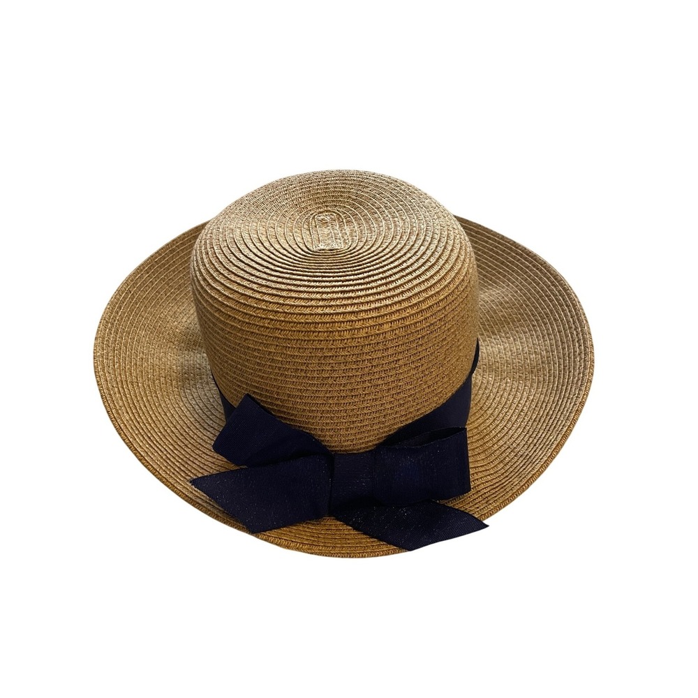 Cappelli Straworld Tan Straw Wide Brim Sun Hat Navy‎ Blue Ribbon Bow One Size